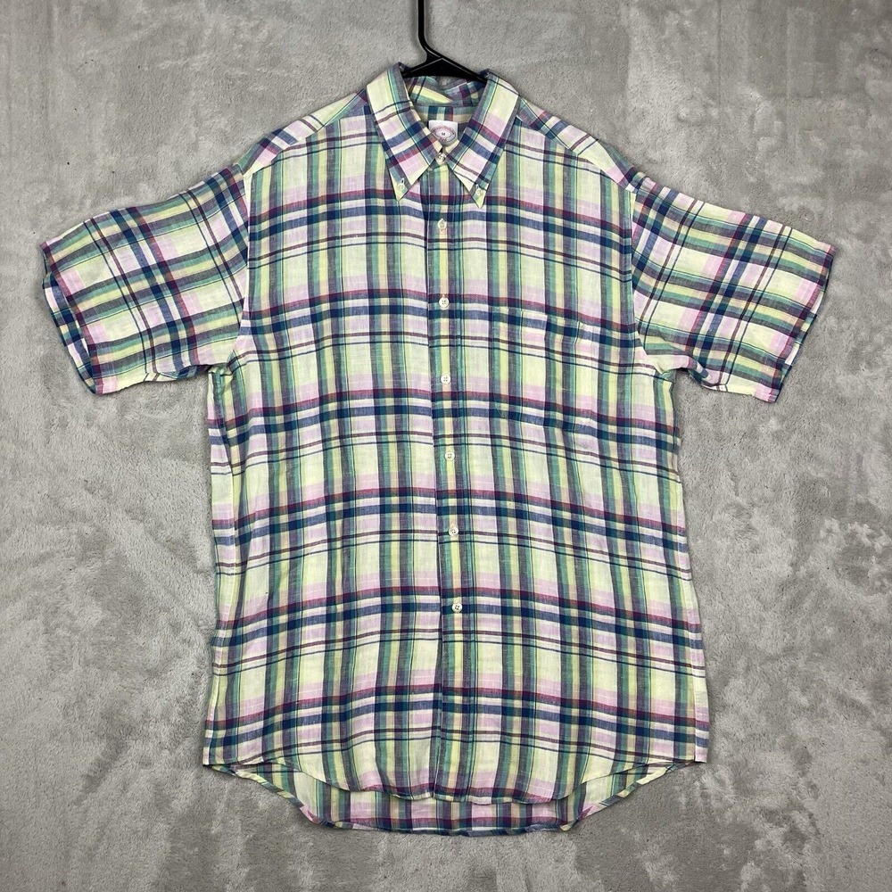 Brooks Brothers 346 Shirt Mens Medium Multicolor Plaid‎ 100% Linen Button Up Vtg
